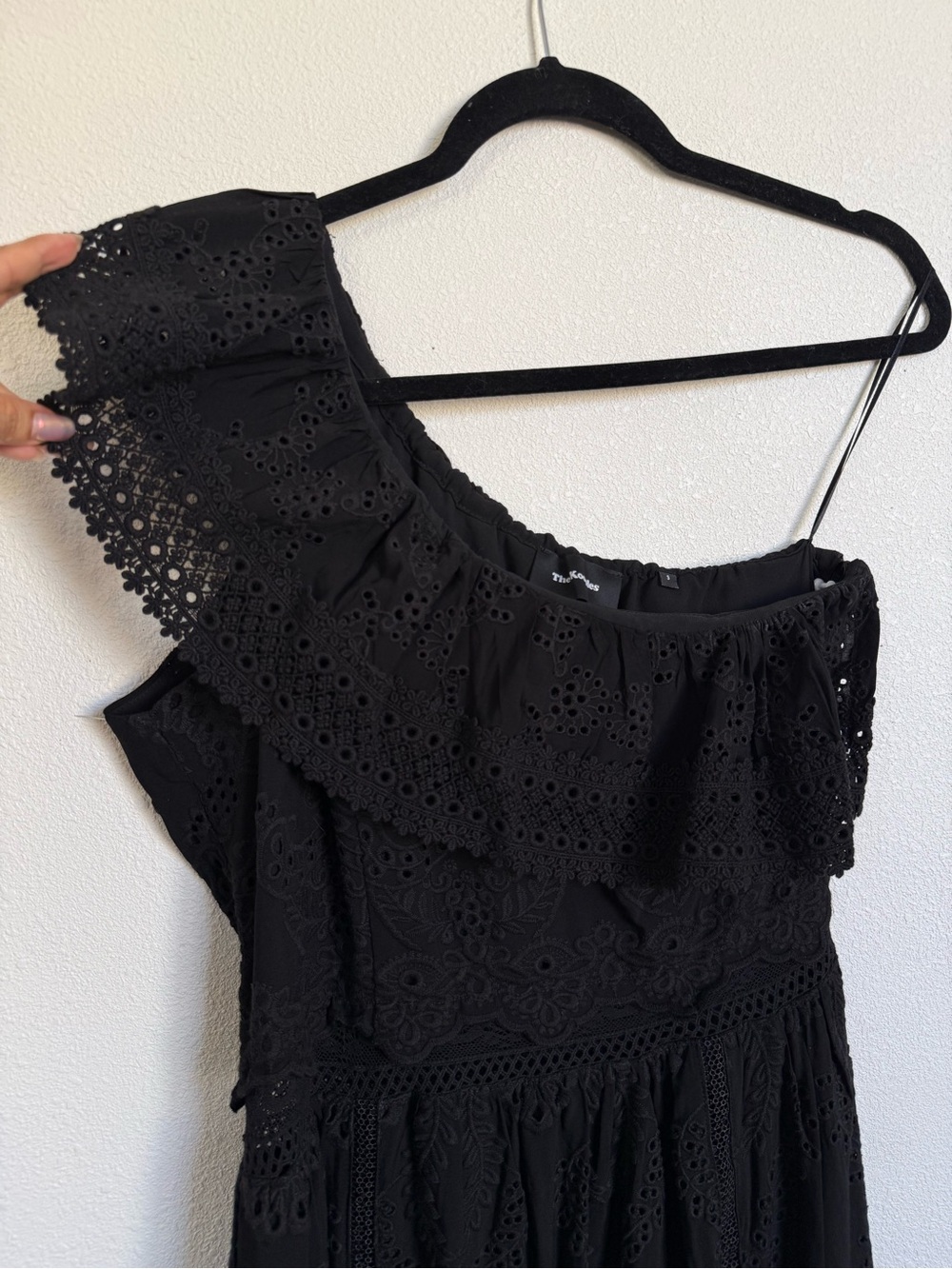 The Kooples Black Eyelet One Shoulder High Low Midi Dress Sz 3 - Picture 6 of 13